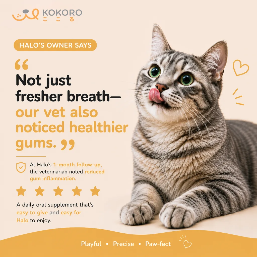 Halo the cat's owner: reduced bad breath within about one week, and the veterinarian noted improvement in gum inflammation after one month.